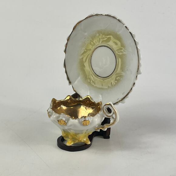 Vintage Miniature Porcelain Demitasse Cup & Saucer Set Gold Gilded Ornate Decor
